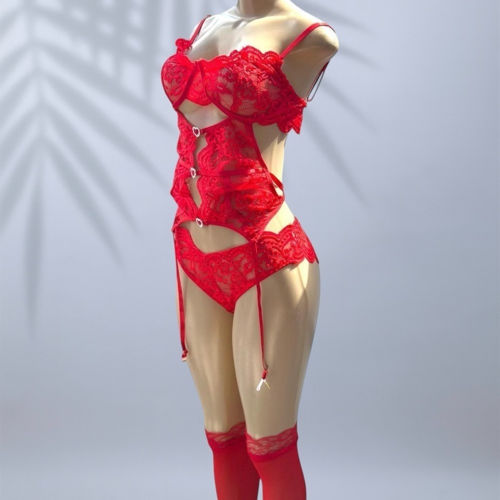 Red Lace Cutout Lingerie Set – Heart Detail Corset Style ✧ M